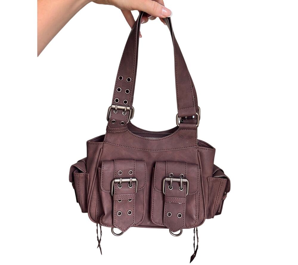 current mood moto muse bag dolls kill brown distressed cargo utility purse Y2K